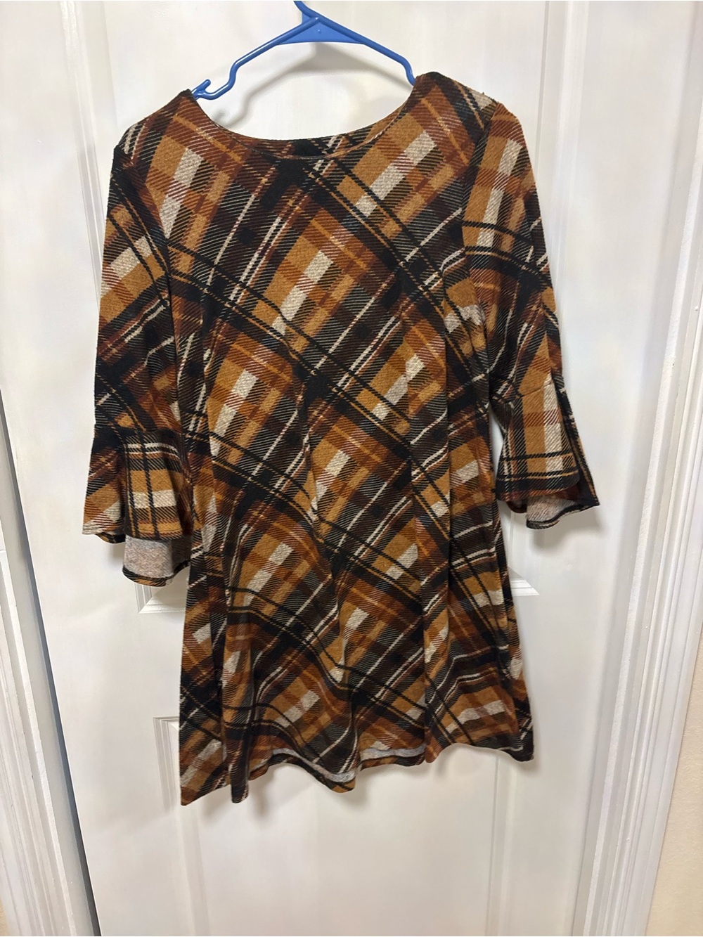 R&K Plaid Flared Sleeve Tunic in Brown and Cream